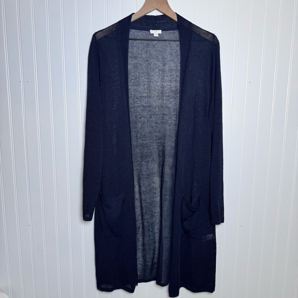 J. Jill Linen Blend Open Front Long Cardigan Navy Blue Pockets Womens Size Large - Picture 1 of 12